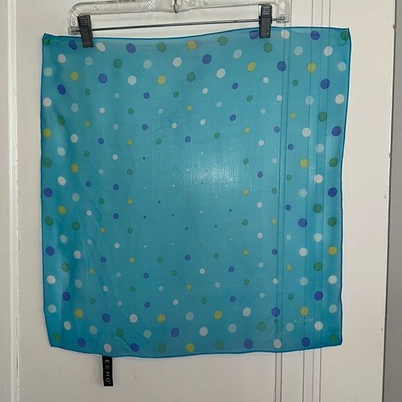 Echo aqua blue square silk scarf with white, yellow, purple & green polka dots - Picture 1 of 9